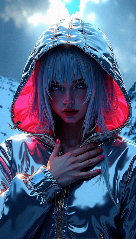 A mysterious beauty is the focal point of this intricate digital artwork, her shining silver hair barely visible beneath a stylish hooded jacket with neon lining. The jacket is made of a reflective, almost metallic material that catches and refracts light in complex ways, creating a visually stunning texture. The figure’s eyes are hidden in the shadows of the hood, adding to the air of mystery and intrigue. The background features a dramatic, on a cold mountain summit, cloud-filled sky, rich with vibrant colors and swirling patterns, as if nature itself is in turmoil or transition. The lighting is intense, with beams of light cutting through the clouds, casting dynamic shadows across the figure’s face and clothing. The overall composition is highly complex, with rich, saturated colors and extreme detail, making every element—from the texture of the jacket to the vibrant sky—stand out with striking clarity and depth.

One hand placed over the heart while the other points upward, conveying a mix of emotion and determination.