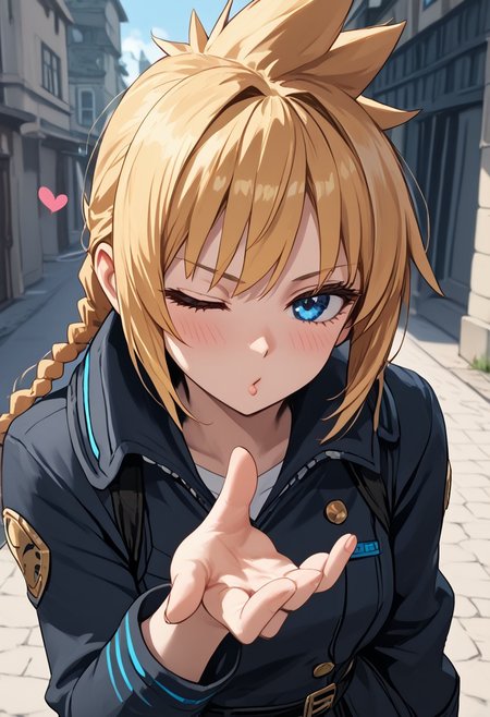 score_4,score_5,score_6,score_7_up,score_8_up,score_9 ((masterpiece,best quality,ultra detailed,highres,HD,4k:1.2)), 
1girl, solo,solo focus,girl focus,face focus,
blonde hair,long hair,braided ponytail,spiked hair,single braids,blue eyes,
outdoors,
<lora:blowing-kiss-ponyxl-lora-nochekaiser:1>, blowing kiss, pucked lips, heart, one eye closed, o3o, looking at viewer, hand up,Pouting lips,pointing fingertips towards viewer, blush,shy,Expressionless,Half-closed eyes, squinting, staring,jitome,