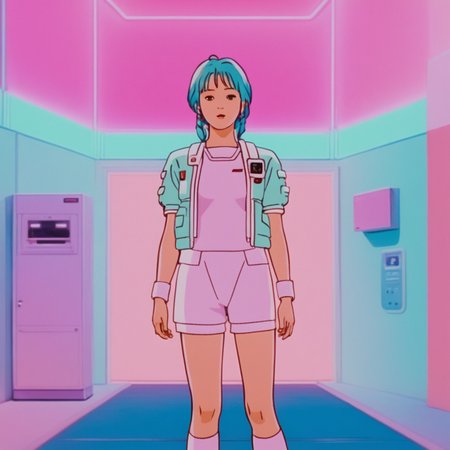 realistic, k4r1n woman standing, kawaii, cute, medium shot, happy, front view, background of gradient fluorescent, pastel tones (by wes anderson:1) <lora:k4r1n-000005:0.6>