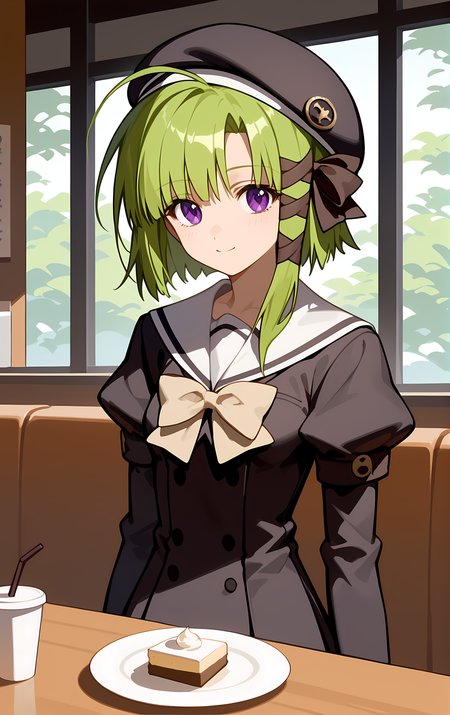 (score_9,score_8_up,score_7_up), light smile, shiny skin, ohwx, 1girl, solo, green_hair, short_hair, purple_eyes, hair_ribbon, ribbon, short_hair_with_long_locks, tress_ribbon, bow, ahoge, small_breasts, very_long_hair, asymmetrical_hair, long_hair,hat, school_uniform, long_sleeves, puffy_sleeves, beret, cafe,<lora:asa_shigure_pony_sobsynapse-000005:1>