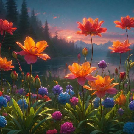A parody of beautiful flowers, digital art, trending on Artstation by Alena Aenami and Peter Mohrbacher. Octane render 4k UHD image, highly detailed, good lighting, beautiful. epic. masterpiece. high quality resolution HD quality in gouache detailed painting by Greg Rutkowski, Thomas Kinkade. vivid color glow effect. Trending on p <lora:Details:0.85>