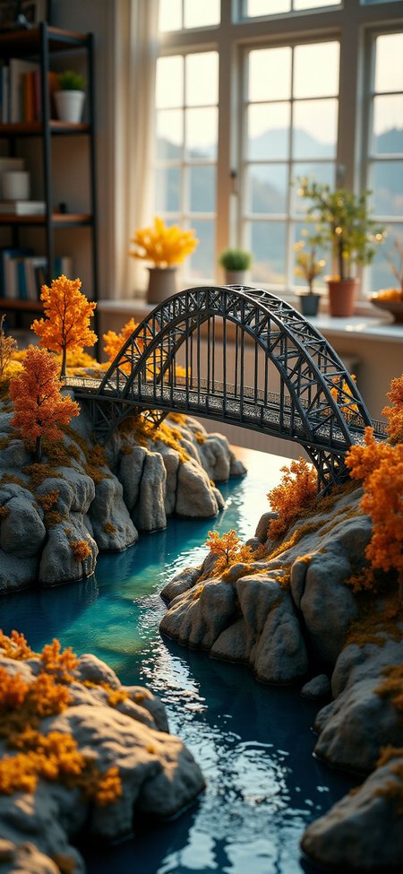 (indoor,very wide isometric view,tilt-shift lens:1.6), (windowless,miniature,miniature,diorama,miniature,diorama,PVC,plastic:2),sunset winter ,grand_canyon,steel arch truss bridge,road,tunnel at (floating island,levitating  island:1.5) on (table:2) at (study:2.5)   <lora:Diorama_Flux:1>