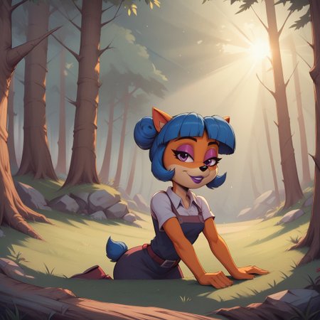 score_9, score_8, BREAK, megumi_bandicoot, bandicoot, blue hair, twin bun, purple eyes, lab assistant outfit, smiling, orange skin, dual-colored skin, black nose, eyelashes, purple lips, animal ears, blue bun tail, sexy pose, self portrait, smile, outdoors, sunlight, shadows, evening lighting, natural lighting, forest, trees, grass, orange sky, sunset