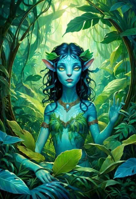 Alphonse Mucha Style page oil  painting of a 18 year old female Avatar navi alien with blue skin, wearing leaf tunic in a bioluminescent jungle, busy, cleavage