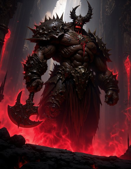 hyper realistic and highly detailed, highly dynamic cinematic medium full shot view, an atmospheric and powerful dark fantasy, natural organic and impressionist classical-style painting of a horrifying colossal ancient demon with highly detailed evil glowing eyes, angry expression, holding a gigantic glowing axe, guarding the gates of hell, ruby red hues, atmospheric haze, motion blur, depth of field, cinematic, in the style of Bladerunner, In the style of Diablo, panoramic action movie full shot, panoramic full shot, MythP0rt
<lora:FredFraiStyle-FLUX-Share:0.6>  <lora:FluxMythP0rtr4itStyle:0.7>  <lora:dark_fantasy_flux:0.9>