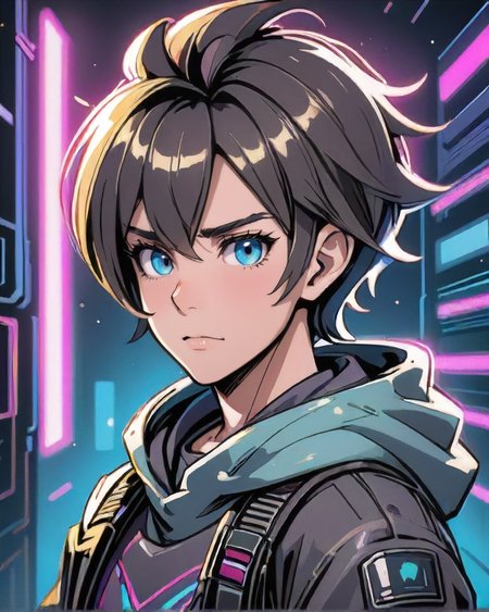 anime style, Thrilled 1boy, man, natural colored eyes, Short choppy layers with a tousled finish hairstyle, dynamic pose, <lora:EnvyCharacterPortraitHelperXL01:0.8>, BREAK portrait, looking at viewer, solo, from side, side view, upper body, detailed background, detailed face, (<lora:DonMCyb3rSp4c3XL:0.6>, scifi, synthwave,    DonMCyb3rSp4c3XL theme:1.1),  high-tech futuristic hacker,   hoodie, techwear, fingerless gloves,  cables, (holographic display:1.05), unauthorized, encrypted symbols,  dark web, , encryption, glowing server racks in background,   dark sinister atmosphere,