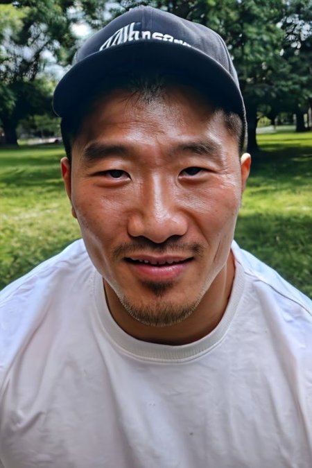 masterpiece, best quality, 30 year old,  (park background), realistic, dramatic lighting, atmospheric, intricate detail, natural face expression, detailed HunterKang face, fixed HunterKang face, daddy, ((HunterKang)),  Photorealistic, detailed background, depth of field, photo of a handsome, remarkable uvula, handsome male, daddy, POV, looking at viewer, cap