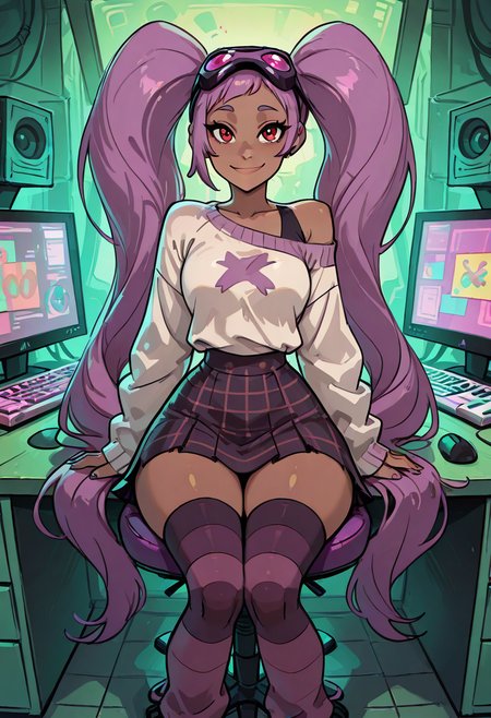 masterpiece, best quality, 1girl, solo, eyelashes, (beautiful eyes), looking at viewer, smile,  wide hips, narrow waist,   [Pastel Hacker Hideout] zzEntrapta, 1girl, solo, red eyes, purple hair, very long twintails, goggles on head, oversized sweater, plaid skirt, striped thigh-high socks, messy hacker room, colorful monitors, cluttered desk â zzEntrapta lounges in a beanbag chair amid a tangle of wires and pastel-colored monitors, oversized sweater slipping off one shoulder. Her long twintails pool around her, and her red eyes gleam mischievously behind her tilted-down goggles as she taps rapidly on a glowing keyboard.  dark skin,   <lora:EntraptaShera_IXL:1.0>,