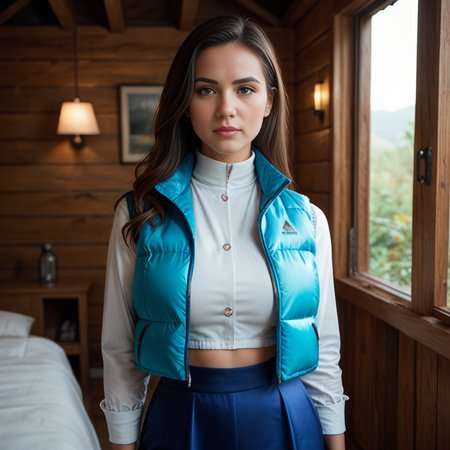 score_9, score_8_up, score_7_up,  professional 40 year old swedish tall women wearing (blue and white  cropped_puffer_vest_neon jacket),Layered cut  unique hair style, sexy, fully dressed, (satin dress)  dramatic lighting, blushing, , after a long day of work,  at night, dark,cabin scene
 <lora:pony_cropped_puffer_jacket:0.6>