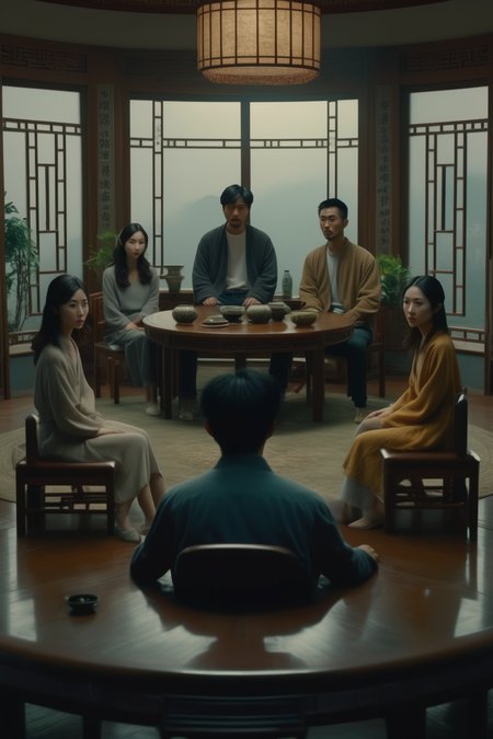 <lora:Director Bong Joon-ho style:1>Director Bong Joon-ho style - Three people sit around a round table in the living room: a strong and dark 28-year-old Chinese man, a handsome 25-year-old Chinese man, and a beautiful 20-year-old Chinese woman.Panoramic view,Symmetrical composition,cinematic texture, realistic, 8K resolution, highly detailed