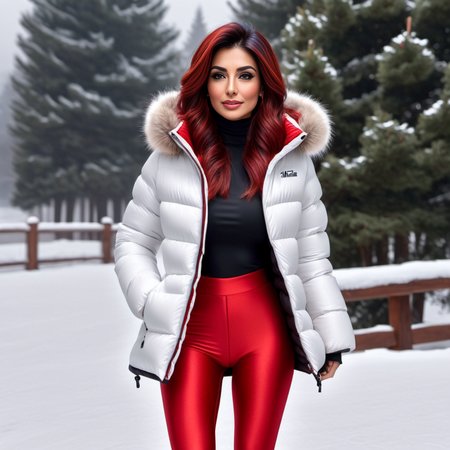 sexy slim skinny one pakistani 40 year old women ,unique, wearing  red spandex_leggings and a winte puffer jacket , unique hair styles, 8k uhd, dslr, high quality, photorealistic, realism, hyperrealism,winter scene
 <lora:spandex_leggings_v1:0.7>