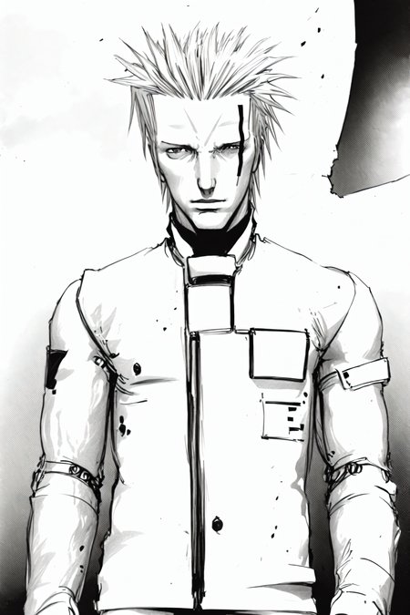best quality,dhomochevsky, detailed face,full body <lora:blamev2:1>,  <lora:mangaGeneralStyleLora_v10Mature:0.5>,monochrome,