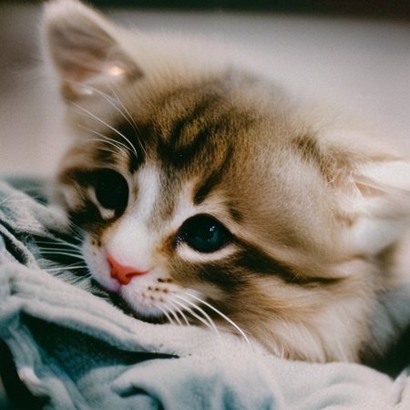 photo of a kitten laying on a pillow with light from the side, (((vintagehelper))), depth of field, bokeh, wide angle, detailed eyes