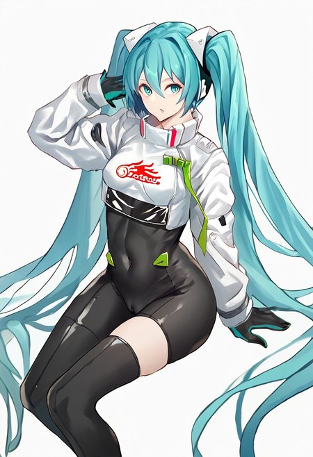 score_9, score_8_up, score_7_up, score_6_up, score_5_up, score_4_up, source_anime, 1girl, 
miku22, hatsune miku, aqua eyes, aqua hair, black bodysuit, breasts, covered navel, long hair, race queen, skin tight, solo, thighhighs, twintails, very long hair, zipper, cameltoe, 
1girl, absurdly long hair, arm up, asymmetrical legwear, black bodysuit, black footwear, blue eyes, blue hair, bodysuit, boots, covered navel, green ribbon, hair between eyes, long hair, looking at viewer, parted lips, ribbon, simple background, sitting, solo, thigh boots, thighhighs, thighs, twintails, very long hair, white background, 
masterpiece, best quality, very aesthetic, absurdres,