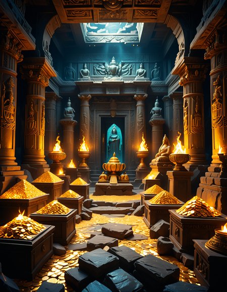 score_9, score_8_up, score_7_up,amazing quality, ultra realistic, 3D, HD, best quality, amazing quality, very aesthetic, absurdres
A hidden treasure chamber deep within an ancient temple, illuminated by the warm golden glow of torches and mystical blue light from enchanted crystals. The room is filled with piles of gold coins, jewel-encrusted goblets, and ancient artifacts covered in dust. Massive stone statues of forgotten deities guard the chamber, their eyes glowing faintly as if watching intruders. In the center, a grand pedestal holds a legendary artifactâan ornate golden crown encrusted with emeralds and sapphires, shimmering with an otherworldly aura. The walls are adorned with intricate carvings depicting lost civilizations, and creeping vines hint at centuries of abandonment. The atmosphere is mystical and slightly eerie, with a sense of both wonder and danger. The air is thick with the scent of aged parchment and burning incense, adding to the chamberâs ancient and mysterious feel. Cinematic lighting with dramatic shadows enhances the depth and richness of the scene, creating a visually stunning and immersive environment.
<lora:SDXLFaeTastic2400:0.4> <lora:extremely_detailed:0.4> extremely detailed,treasure ch4mb3r, <lora:treasure_ch4mb3r-p:1>