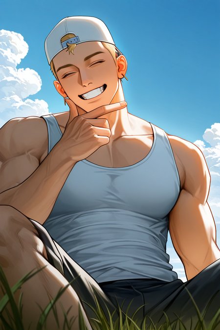 realistic shading, natural lighting, male focus, expressive happy face, urektg, closed eyes, blonde_urektg_short hair, white_urektg_backwards baseball cap, yellow_urektg_earrings, 1boy, goofy grin, teeth, finger gun on own chin, feeling handsome, sitting on grass, arm support, leaning back, knee up, tank top, muscular male, windy, shadow, day outdoors grass, blue sky, cloud, foreshortening, from below, dutch angle, dynamic angle, dynamic action, intricately detailed illustration, cinematic, depth of field, atmospheric perspective, masterpiece, best quality, amazing quality, very aesthetic, absurdres, newest