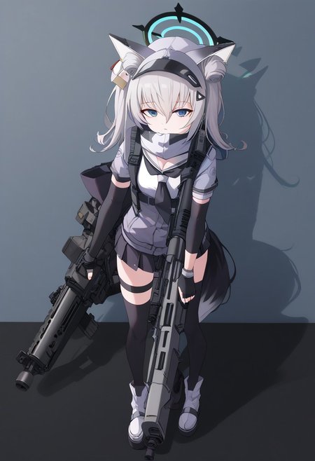 score_9, score_8_up, score_7_up,  n102nikke, blue eyes, grey hair, long hair, fake animal ears, unitard, headgear, armor, thighhighs, thigh boots, elbow gloves, cleavage cutout,,
izuna \(blue archive\), halo, fox ears, fox tail, japanese clothes, floral print, sailor collar, skirt, scarf, partially fingerless gloves, black gloves, thigh strap, fishnets, single thighhigh
((((((Holding rifle)))))) Holding a assault rifle((predtank As background)))