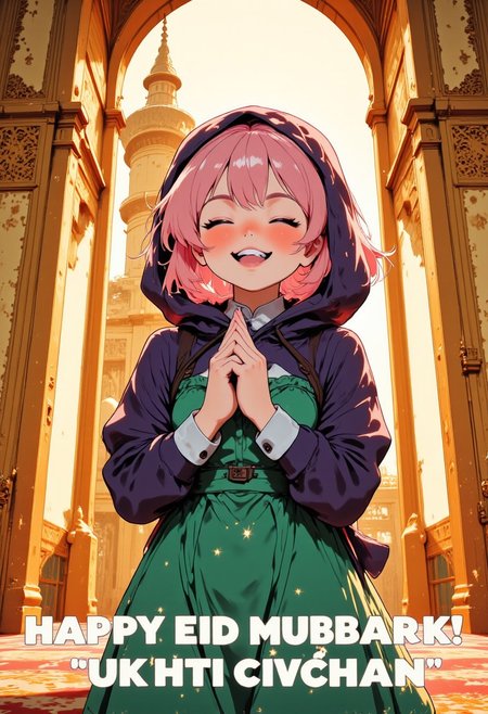 ADD OVERLAY TEXT:"HAPPY EID MUBARAK! UKHTI CIVCHAN". Create an illustration of a cheerful, anime-style character with short pastel pink hair and rosy cheeks. The character should have a bright, radiant smile with closed eyes and small sparkles around their head. They are wearing a dark purple hood over a dark coat with white cuffs, paired with a vibrant green dress featuring ruffled details. The character's hands are clasped together in a prayer-like gesture, expressing gratitude or excitement. The background is a elegant great mosque of Moslem holy place, golden light to fill the space, and the walls have golden  paneling or ornate detailing with a wonderful Mosque dome. The overall mood should be warm, positive, and inviting.