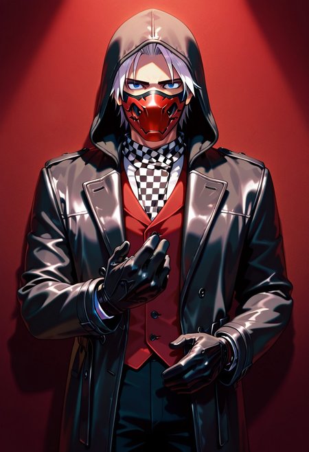 Zack Foster, mask, full face cover, hood, tuxedo, leather coat, gloves, red and black checkered scarf, 1 boy.