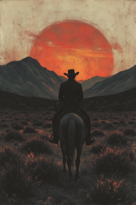 apoca1 illustration. of a cowboy riding a horse across the wild west at sundown. Mountains in the background. <lora:apocalypse_now4_nocap_d4a2:1.0><lora:803166525381947775:0>