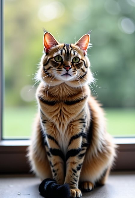 a beautiful cat sitting gracefully by a window, its fur softly glowing in the natural light streaming through the glass. The cat’s eyes are wide, filled with curiosity and wonder. Its coat is sleek and well-groomed, a soft tabby pattern with delicate stripes or a luxurious long-haired breed with a silken mane that catches the light.
The cat's posture is relaxed, with its body slightly turned toward the window, one paw delicately tucked beneath its chest. Its ears are perked, attuned to the sounds outside, while its tail rests gently against the windowsill. The background outside the window show a lush garden, trees swaying in the breeze, creating a calm atmosphere.
The light coming through the window casts a warm glow on the cat's fur, highlighting the soft textures of its coat