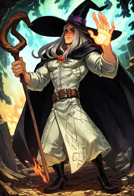 score_9, score_8_up, score_7_up,, (solo, 1man,) smooth colors, smoothly blended, creamy colors, 
1 man, wizard, wearing white robes, wearing a black cape, large wizard hat, large nose, thin and grey hair, very long beard, slim, slender, thin, not muscular, not toned, slightly hunched over, holding a wooden staff, one hand raised (casting a fire spell), leather boots, dungeon background,
 OverallDetail, master piece, detailed skin texture,(ultra detailed face, 4k resolution, ultra detailed eyes, ultra detailed foot), high detail, ultra detailed skin, (UnrealisticDream) (fFaceDetail)