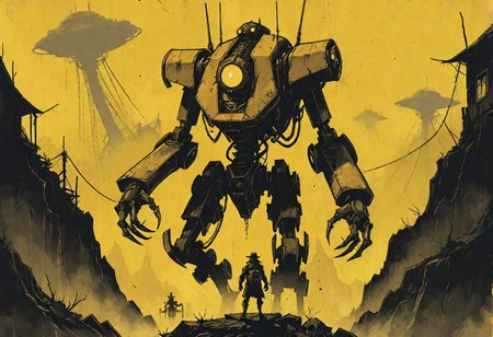 a stylized vintage robot standing in front of a huge menacing vintage steampunk mecha with tech tentacles, antennas and drones, in an alien landscape, western, hyper detailed, sci fi, minimalist_sci-fi_dystopia
