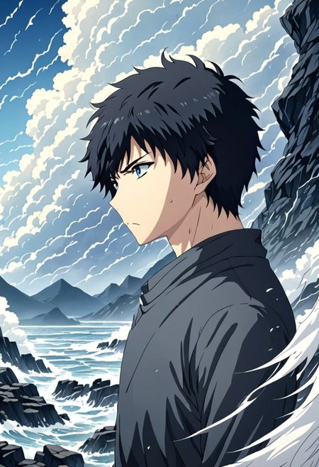 high resolution, solo, best quality, 1Boy, Arata Kaizaki, Black Hair, Blue Eyes, existential longing, fantasy background, strong wind, OverallDetail