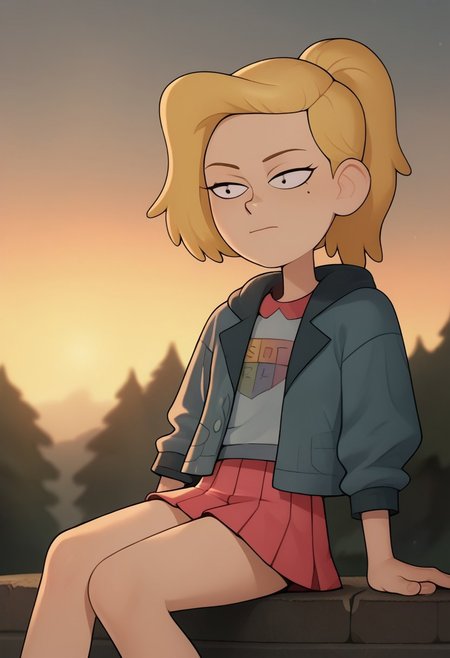 score_9, score_8_up, score_7_up, Loodncrood, 1girl, sasha waybright, blonde hair, ponytail, black eyes, mole under eye, grey hoodie, blue shirt, logo on shirt, pink skirt, pleated skirt, denim jacket, sunset, sitting on a cliff edge, trees, (perfect eyes)