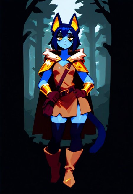 <lora:AshFondue_Illustrious_v8:0.9>, no lineart, 
blue cat ears, blue cat tail, (blue skin: 1.4), colored skin, yellow eyes, cat pupils, dark blue hair, medium hair, bobcut, doll joints, bored, jitome, black eyeshadow, flat breasts, medium hips, short, dark blue ears, dark blue tail, gold inner ear, gold details,  thief cloak, fur trim, long sleeve tunic, belt, purse, black leggings, boots, long gloves, long boots, skirt, dirty clothes, dark clothing, brown and black clothes, thick clothes, bracers, rogue, thief, fantasy, woods, hood down, thick gloves, gold forearm bracers,
BREAK masterpiece, best quality, detailed background,