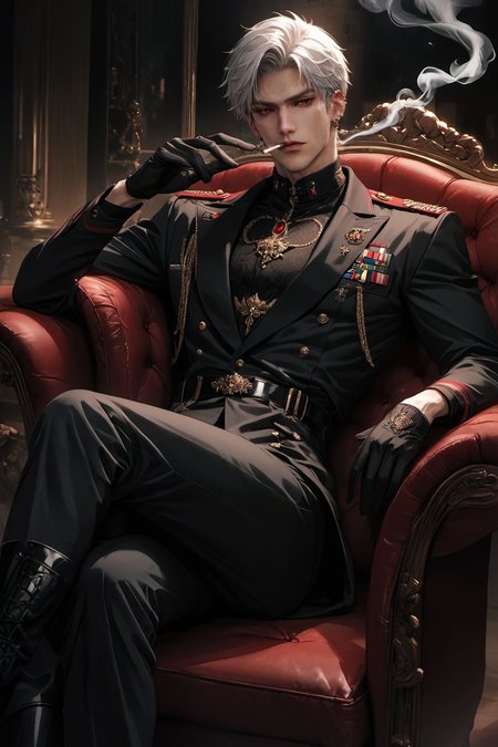 ,1man,white hair,short hair,red eyes,score_9,score_8_up,score_7_up,source_anime BREAK masterpiece,jewelry,earrings,ear piercing,manly,seductive look,white skin,narrow pupils,thirty years old,upper_body,black military uniform,black gloves,black long boots,formal military uniform,lounging,dark theme,smoking,crossed_legs,<lora:qinche:1.2>