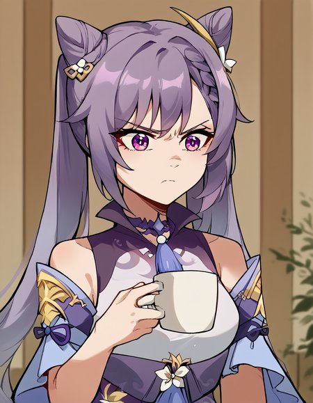 score_9, score_8_up, score_7_up, source_anime, <lora:genshin-keqing-ponyxl-lora-nochekaiser:1>, keqing, braid, cone hair bun, hair bun, hair ornament, long hair, purple eyes, purple hair, medium breasts, <lora:shinji-holding-a-mug-ponyxl-lora-nochekaiser:1>, shinji holding a mug, holding, cup, frown, holding cup, mug, indoors, solo, ,