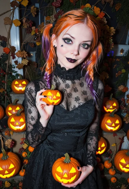 Spooky autumn scene featuring a young Caucasian woman with vibrant red pigtails. She stands in a suburban garden, surrounded by an array of carved jack-o'-lanterns glowing softly in the evening dark. Her goth makeup, with dark eyeliner and deep purple lipstick, contrasts strikingly with her fair skin and green eyes. Dressed in a black lace dress layered over a fitted turtleneck, she exudes a playful yet mysterious vibe. The golden hues of autumn leaves swirl around her as she playfully poses smiling, while presenting the world's smallest and cutest jack-o'-lantern ever created, sitting on the palm of her hand with a small light inside, capturing the essence of Halloween in a whimsical and enchanting atmosphere.  Highly detailed, film grain.   <lora:dmd2_sdxl_4step_lora> <lora:xl_EuroBabeXL-v4>