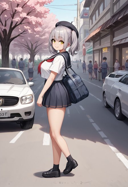 score_9, score_8_up, score_7_up, BREAK source_anime, multiple girls walking on the street, belorta, gray hair, twintails, shorthair, yellow eyes, big breast, 
school uniform, sailor fuku, beret, school bag, wearing school bag, smile, walking, school background, street, cherry blossom, looking away, from side view, cars, garbage truck,