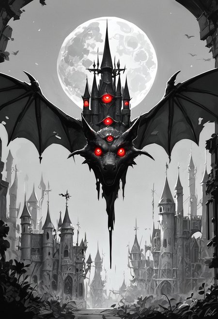 score_9, score_8_up, score_7_up, illustration, monochrome, inside castle, flying bat, threeeyed bat, red glowing eyes, moon, moonlight, nighttime, no humans