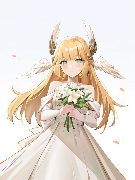 1girl,solo,looking at viewer,mijiale,simple background,white background,green eyes,blonde hair,head wings,white dress,looking at viewer,,holding,holding_flower,wedding_dress,smile,<lora:mijiale-000014:0.8>, masterpiece, best quality, very aesthetic, absurdres,newest, incredibly absurdres,