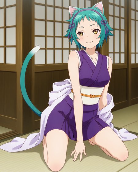 (purple sleeveless kimono obi sash hairband:1.50), 
ys-yaya, green hair, short hair, yellow eyes, 
1girl, (solo:1.60), skinny,
(masterpiece, best quality, amazing quality, absurdres, high quality, highres, masterpiece), 
happy,
full body
,
(:1.40), 
BREAK,
school,
,
(anime coloring),
medium breasts,
cat ears, cat tail
<lora:ys-yaya-V01-illXL:0.80>