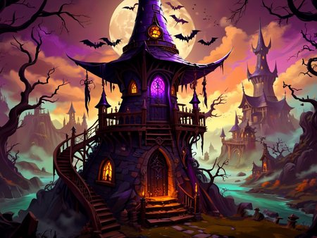 <lora:MagicAI:.7>     WitchcraftPunkAI   mage tower , Highly detailed, stylized fantasy setting, digital painting , intricate detailed background