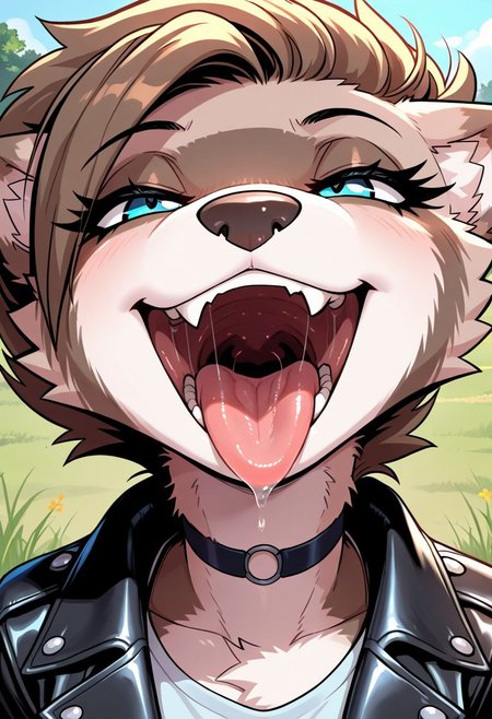 masterpiece, best quality, very aesthetic, absurdres,
outdoors, 
upper body, headshot, 
t-shirt, leather jacket, 
seductive smile, smile, smirk, grin, mouth shot, mawshot, open mouth, vore, imminent vore, oral invitation, saliva, tongue, throat, long eyelashes, face focus,
<lora:MiX_v01_NAIXL:1>
M1x,1girl,solo,furry,furry female,brown hair,short hair,blue eyes,snout,animal nose,fang,choker,body fur,two-tone fur,browm fur,claws,white fur,