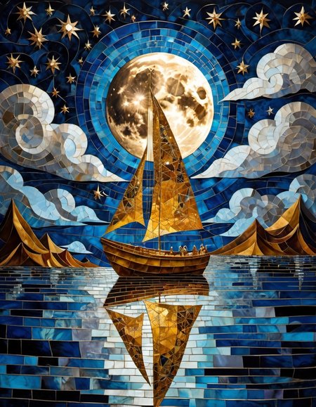 Illuminated ("The moon, a silver boat, sails through the sea of stars, painting dreams on the night sky.":1.2) , Suffering, hillside, Cubism, side lit, Selective focus, Kodachrome, gilded technique, Batik