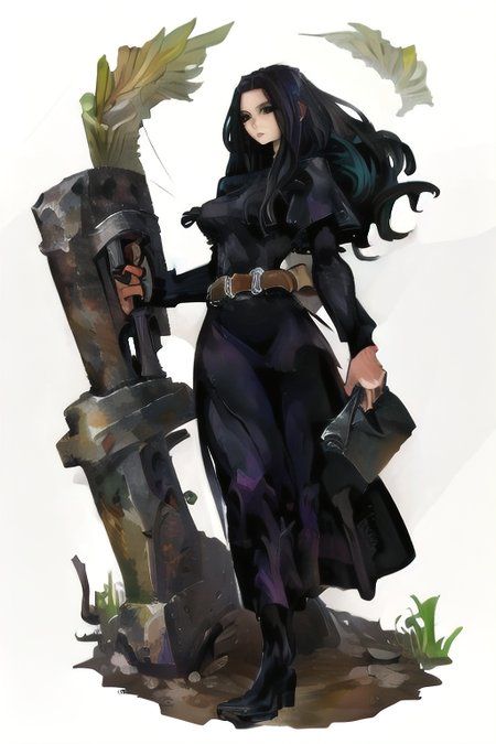 [inpainted faces] <lora:DragonsCrown-768:1>, woman standing, black hair, long hair