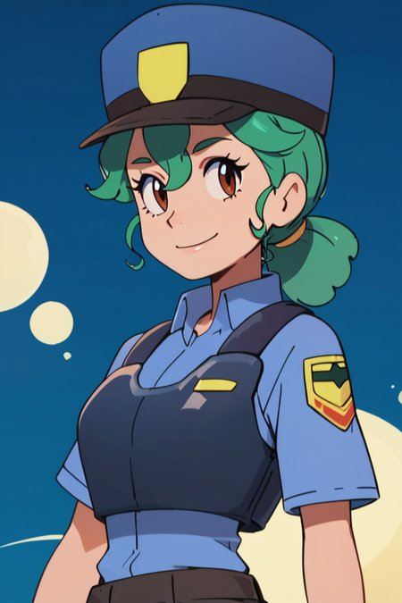 score_9, score_8_up, score_8, medium breasts, (curvy), cute, eyelashes,       ,,, ,  zzJenny, brown eyes, hair between eyes, green hair, long hair, ponytail, short hair, police uniform, policewoman, shirt, police hat, blue shirt, collared shirt, black pants,  <lora:JennySunMoonPDXL:1>, , BREAK, <lora:GoldenCAT_Lora_PDXL_v2:0.8>, smile, closed mouth, looking at viewer, cowboy shot, ,,, embedding:zPDXL, Expressiveh, ,,, <lora:Expressive_H-000001:0.4>,