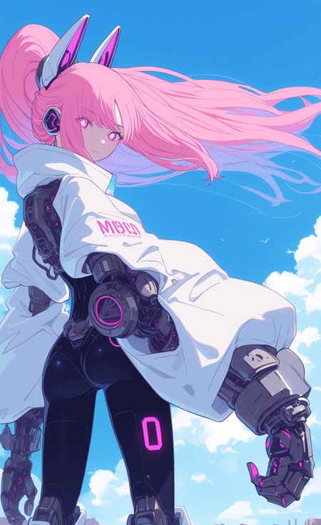 masterpiece, best quality, good quality, very awa, very aesthetic, absurdres, newest, 1girl, solo, long hair, looking at viewer, closed mouth, standing, pink hair, ponytail, ass, outdoors, sky, day, looking back, cloud, pink eyes, from behind, blue sky, floating hair, bodysuit, clothes writing, science fiction, mecha musume, mechanical arms, cyborg, single mechanical arm, mechanical ears, 240_mado,
Flatline, Flat vector illustration <lora:NOOB_vp1_detailer_by_volnovik_v1:0.3> <lora:NOOB_vp1_detailer_by_volnovik_v1:0.3> <lora:ponyv6_noobV1_2_adamW-000017:0.7> <lora:XXX667:0.4> <lora:checkpoint-e18_s306:1.2> <lora:240_mado_ill:1>