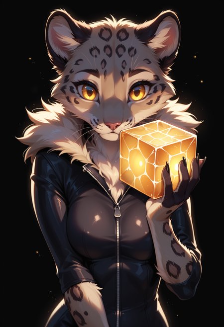 score_9, score_8_up, score_7_up,
source_furry, high quality, perfection, detailed, aesthetic, well-lighted,
1girl, solo, upper body,
black background, underlighting, 
furry female, anthro, furred body, fluffy fur, beautiful girl, cute girl, adult, youthful, beautiful face, detailed face, perfect eyes, detailed eyes,
(snow_leopard girl), medium breasts, (no hair, hairless, bald), yellow eyes,
black bodysuit, large zipper,
(glowing glass cube:1.2), (very large cube:1.2),
posing,
