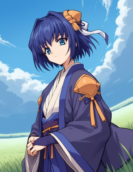 score_9, score_8_up, score_7_up, source_anime, <lora:daiakuji-yume-ova-ponyxl-lora-nochekaiser:1>, yume, short hair, blue eyes, hair ornament, blue hair, hair intakes, ribbon, hair ribbon,, long sleeves, japanese clothes, bridal gauntlets,, plain, grass, open, vast, sky, , from below, looking at viewer, solo,, dutch angle, cowboy shot