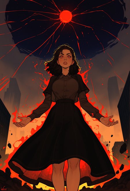 masterpiece, amazing quality, night, INCASE Style, realistic, Enchanting Eyes, 1girl, Jesse Faden (Control), eerie office, floating debris, red glow from The Hiss, outstretched hand using telekinesis, intense stare, dramatic low-angle shot, lighting,