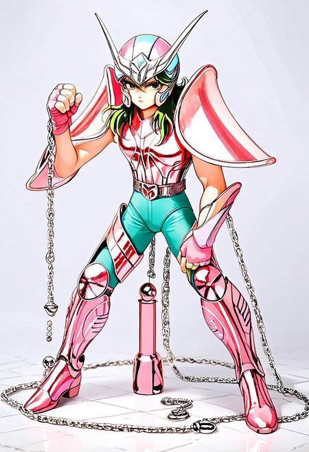 score_9, score_8_up, score_7_up, score_6_up, score_5_up, score_4_up, source_anime, full body view, 1boy, andromeda shun, anshun, slim, pink sleeveless armor, long wavy green hair, pink helmet with two prongs and silver accents, pink vambraces, large pink pauldrons, fingerless pink gloves, pink thighhigh greaves, green pants, pink boots, stylized belt buckle with silver and pink accents, 80's, retro aesthetic, action pose, hand up, (shiny:2),