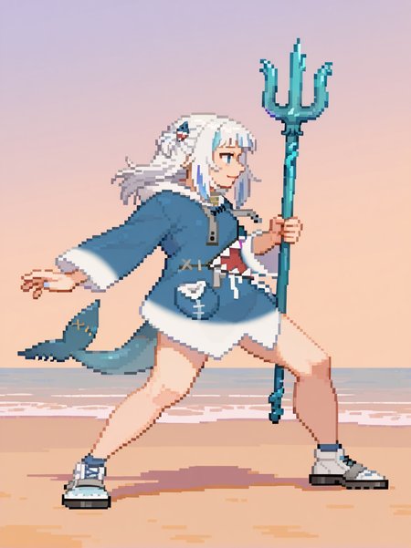 1girl, (gawr gura:1), holding trident, light smile,
from side, (fighting stance:1.1), from side, open legs, detailed background, beach, dynamic pose, full body, portrait, dynamic pose,
 <lora:ASF3_style:1>,, SF3XL,