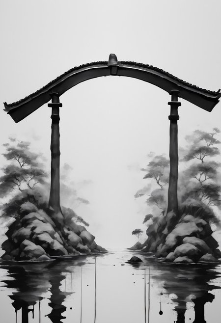 core_9, score_8_up, score_7_up, score_6_up, 
Torii gate , monochrome, greyscale, minimalistic, white background, no humans, nature, traditional media, ink, solo, botanical.
ink-painting, ink wash,, ink wash painting,, white background,
