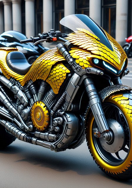 a cyberpunk motorcycle, yellow scales, scaleboundsdxl, <lora:scaleboundsdxl:1>, best quality, masterpiece, intricate, akira anime,
